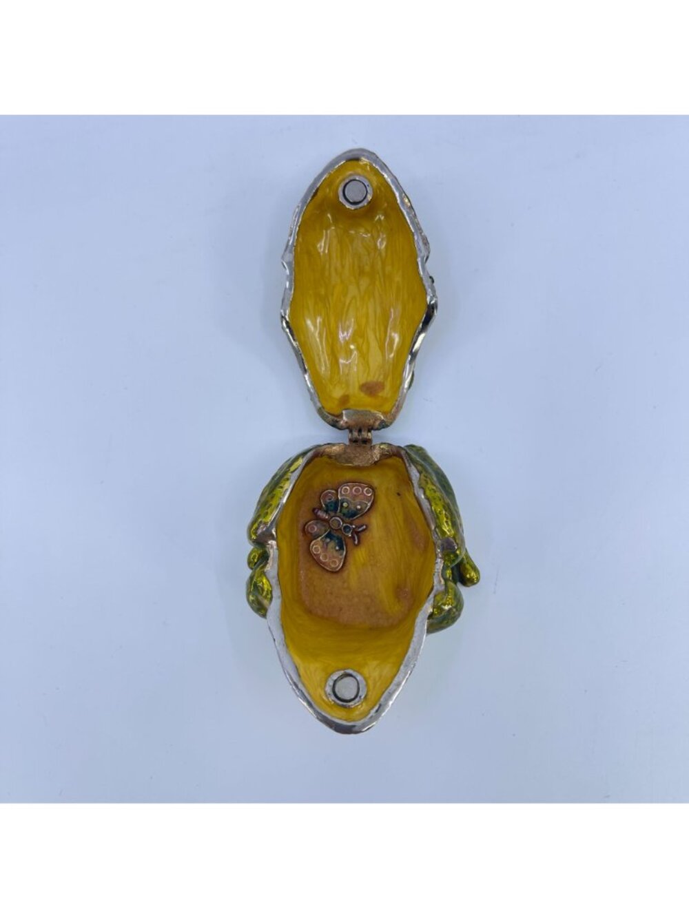 vintage enamel frog trinket box with hinged lid green & orange detailing - Picture 10 of 12
